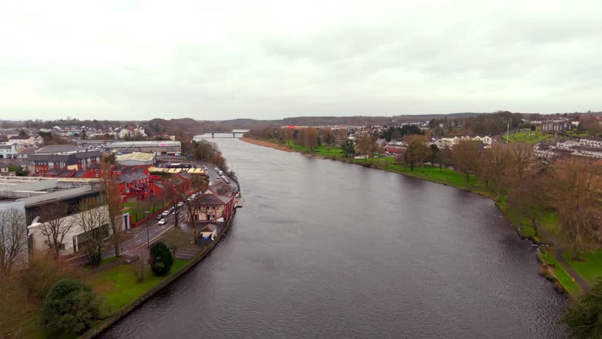 Wide aerial video of the River Bann in Coleraine, Northern Ireland in the UK. Produced in 4K, 60FPS and with Rec709 color.