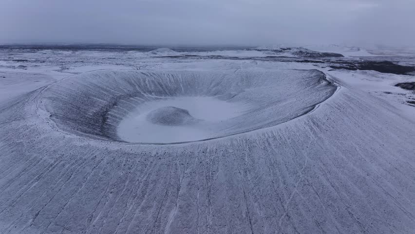 Snow-Covered Hverfjall Volcano Crater During Winter In Iceland. Aerial Shot