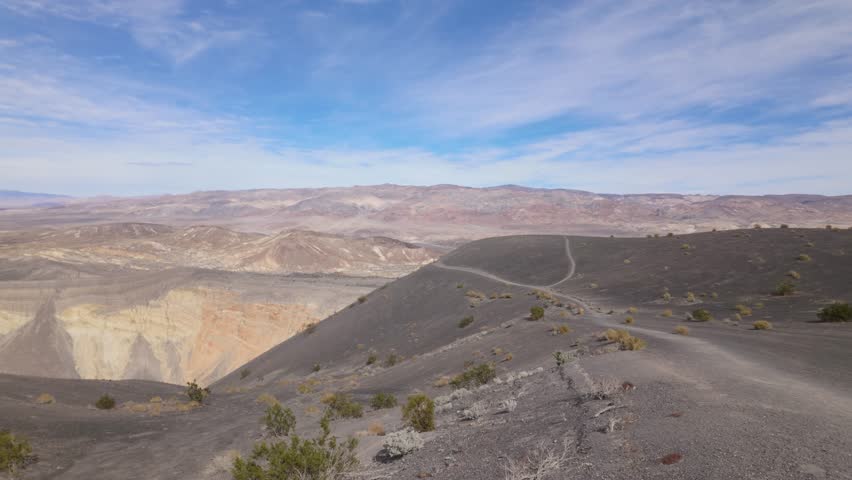 Gimbal wide panning shot from the summit of Ubehebe Crater in Death Valley National Park, California. 4K