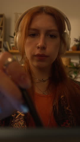 Vertical front view shot of young girl wearing big earphones drawing with stylus on tablet screen at home while listening to music