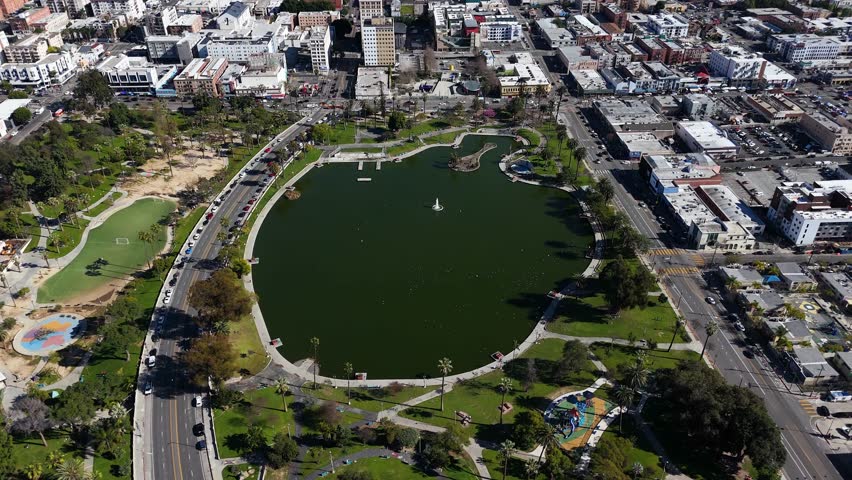 Aerial view of MacArthur Park Lake, United States.