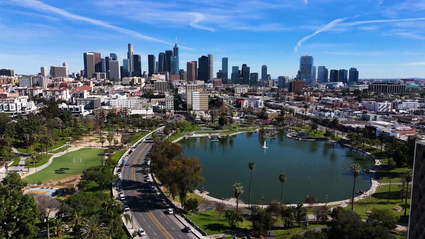 Aerial view of MacArthur Park Lake, United States.
