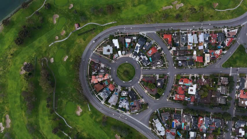 Aerial view of roundabout and golf course, United States.