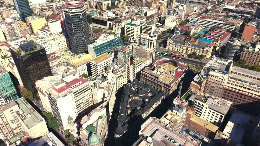 Drone footage presenting Santiago downtown structure with dense buildings for editorial visuals. Chile, 4K