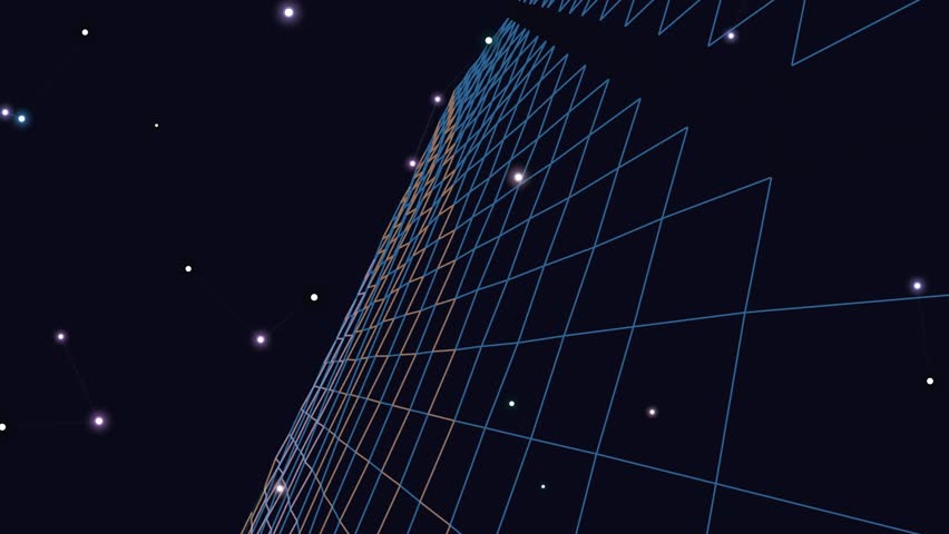 A futuristic grid tower stands against a starry night sky with a white band at the bottom