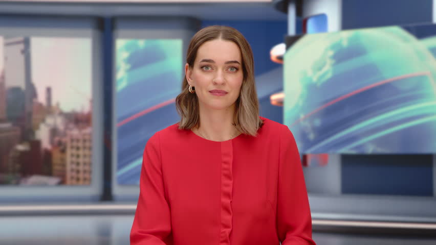 TV Live News Broadcast: Female Anchor Delivers Breaking Headlines at News Desk With Global Graphics In Background. Newsroom, Media Template, Content Insert, Mockup Playback, Studio Screen Replacement.