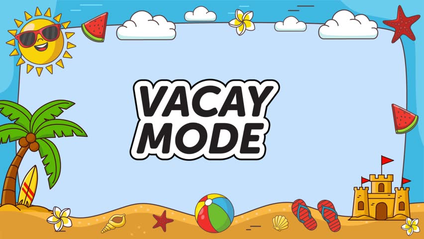 Tropical cartoon border with beach elements and Vacay Mode typography.