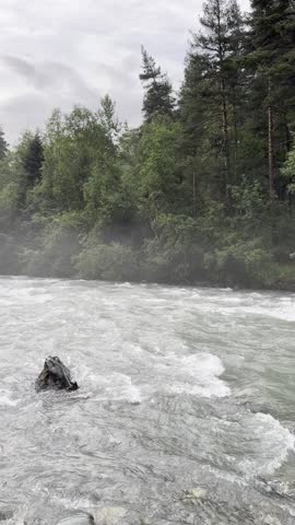Rapid River Flows Through Majestic Forest Landscape
foggy morning, cloudy
Powerful Waters Surge Beneath Dramatic Mountain Trees
