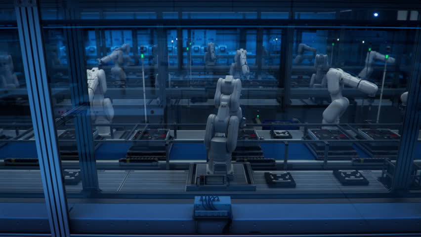 3D Animation: Side view of Robot Arms on Automated Production Line. Concept: Manufacturing Process Automation. Lights out Assembly Line with Autonomous Industrial Robotic Arms on a Smart Dark Factory. 