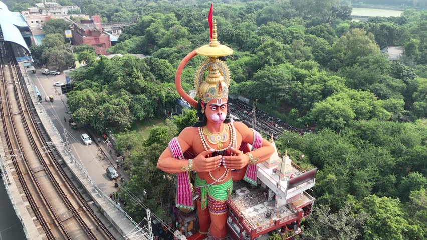 Aerial shot of Hanuman ji statue in Karol Bagh, Delhi, India