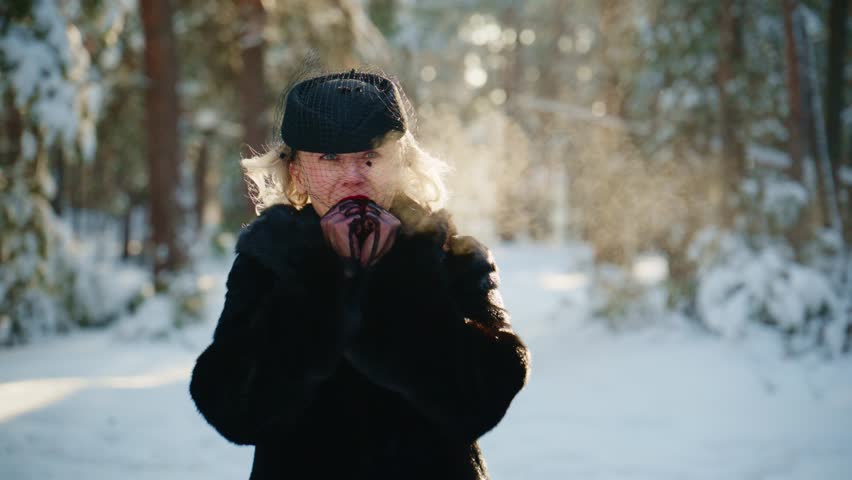 A Woman in a Fur Coat and Black Hat Stands in a Snowy Forest, Conveying Emotion and Reflection Amidst the Winter Wonderland Imbued with Soft Light.