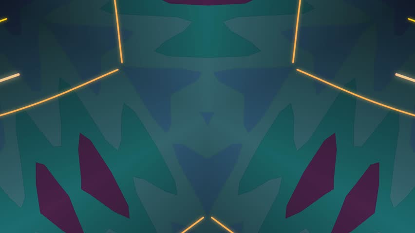 A symmetrical abstract digital background with glowing golden lines forming angular geometric frames over a teal and blue gradient. Subtle purple shapes add contrast, creating a modern, futuristic, and kaleidoscopic visual effect.