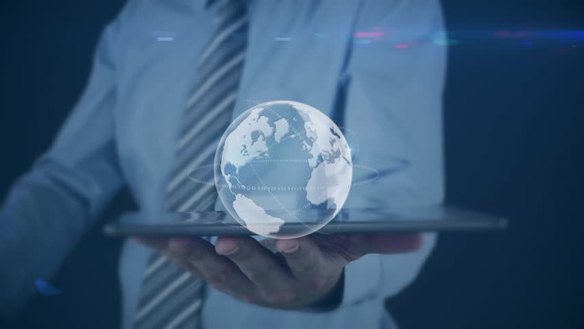 Animation of world map and globe over midsection of caucasian businessman holding tablet. Global network, business, communication and technology concept digitally generated video.