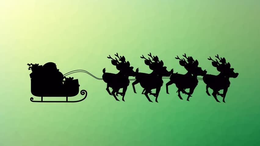Christmas and new year celebration vector illustration concept close up of green pattern background animation of white silhouette of santa claus in sleigh being pulled by reindeers on green screen