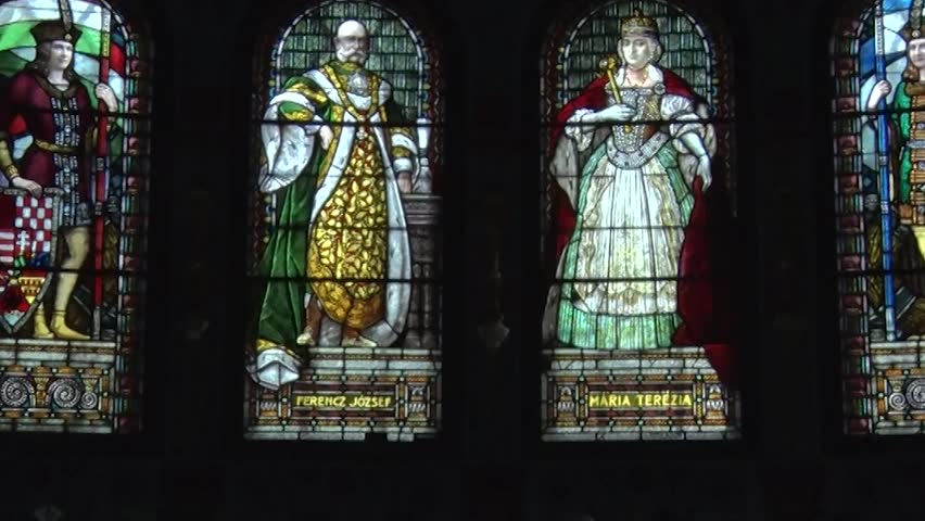 Cinematic shot of the biblical figure stained glass in the Novi Sad Synagogue.