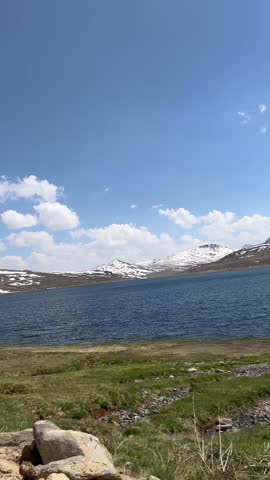 Scenic panoramic view of a high-altitude blue lake surrounded by snow-capped mountain peaks under a clear sky