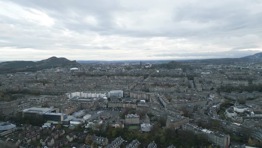 Aerial view of old town in Edinburgh City Centre in Scotland