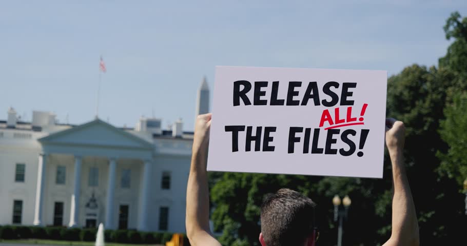 Person holds “Release All The Files” protest sign in front of the White House. Political demonstration scene with government building in background. 15045