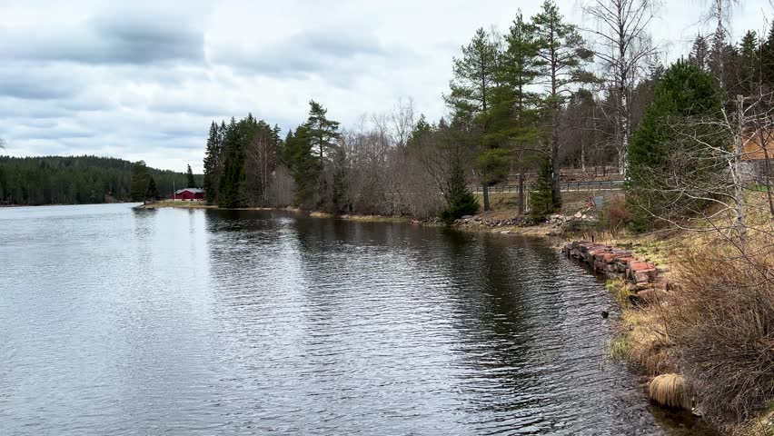 calm reflective water bordered by evergreen leafless trees under overcast skies small red wooden house stands distant shore norway nature forest lake shoreline sky landscape