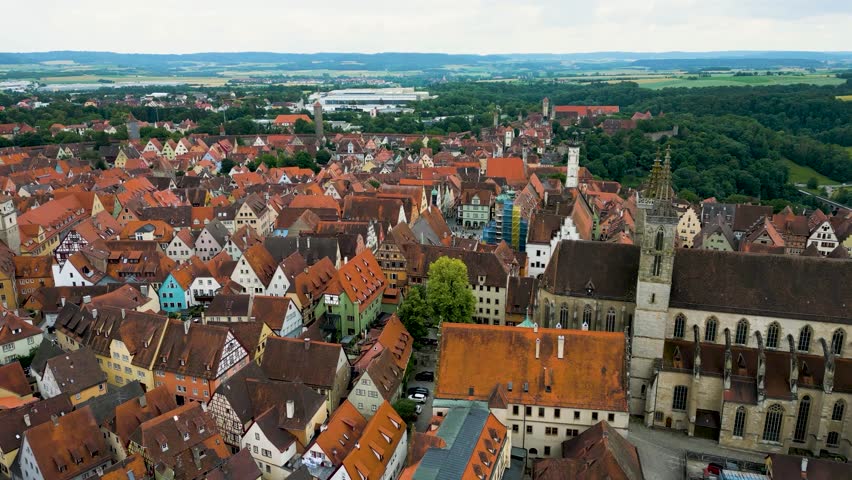 4K Aerial Drone Video of Historic Homes and the Iconic Gothic St. Jakobskirche Church in the Walled City of Rothenburg, Germany