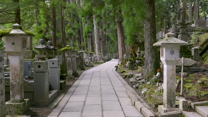 Holy temple grounds of Mt. Koya with lush greenery in Japan