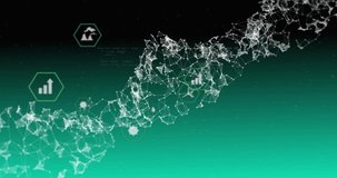 On scene load node ribbon moving diagonally, reshaping, updating readouts to visualize data. Network, visualization, interface, hexagon, gradient, futuristic, particles - Powered by Shutterstock - Get 15% off with code: PIKWIZARD15
