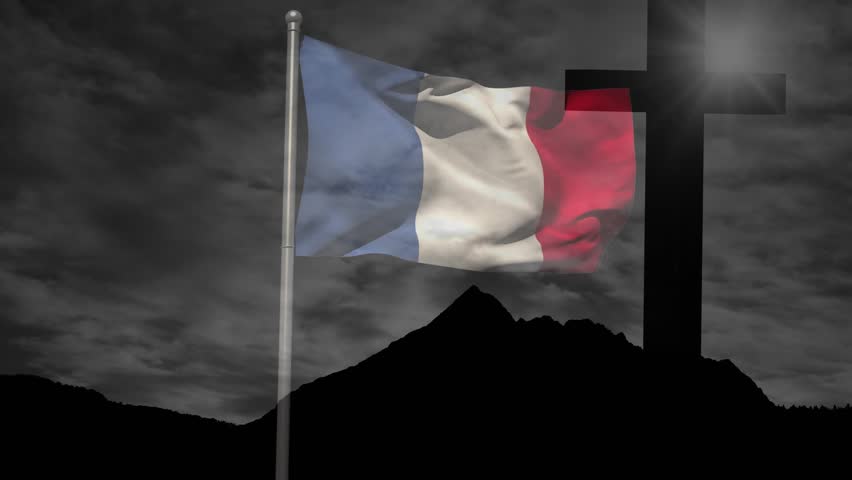Gusts starting French tricolor flag catching strong wind and billowing toward cross, honoring glow. Ensign, memorial, ridge, silhouette, crucifix, halo, overcast