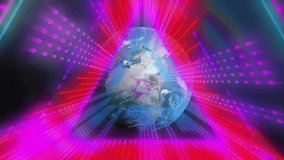 Neon pulse starting triangular frames while realistic globe rotating, showing global network focus. Earth, glow, wireframe, grid, tunnel, holographic, cyberspace - Powered by Shutterstock - Get 15% off with code: PIKWIZARD15
