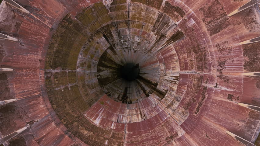 Rotating top-down aerial view of a circular dam spillway tower, showing reinforced concrete rings, overflow shaft geometry, erosion marks, and hydraulic engineering details