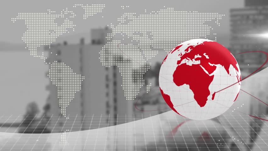 Animation of globe and world map over cityscape. Global business and data processing concept digitally generated video.