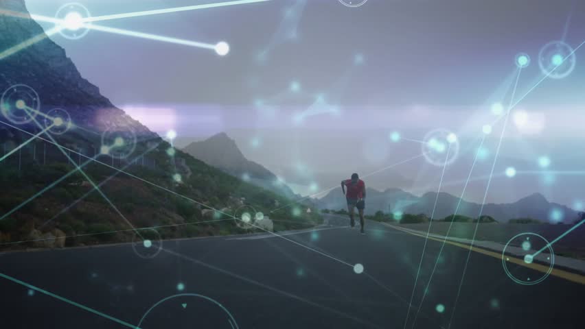 Runner starting uphill on mountain highway as digital nodes tracking real-time fitness performance. Fitness, endurance, technology, outdoor, pursuit, motion, topography