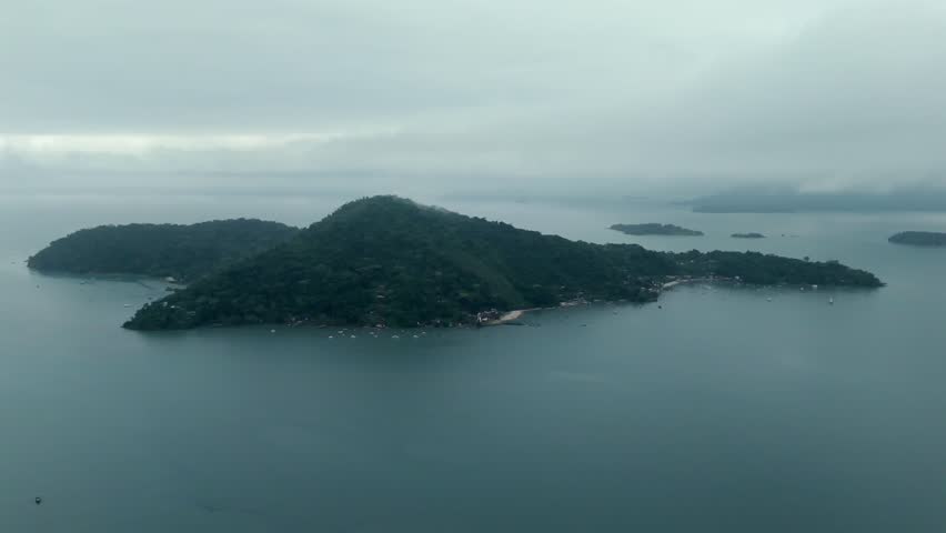 Tranquil Ecological Reserve Of Argentino Island Within The Paraty Bay Area Of Rio de Janeiro, Brazil. Aerial Shot