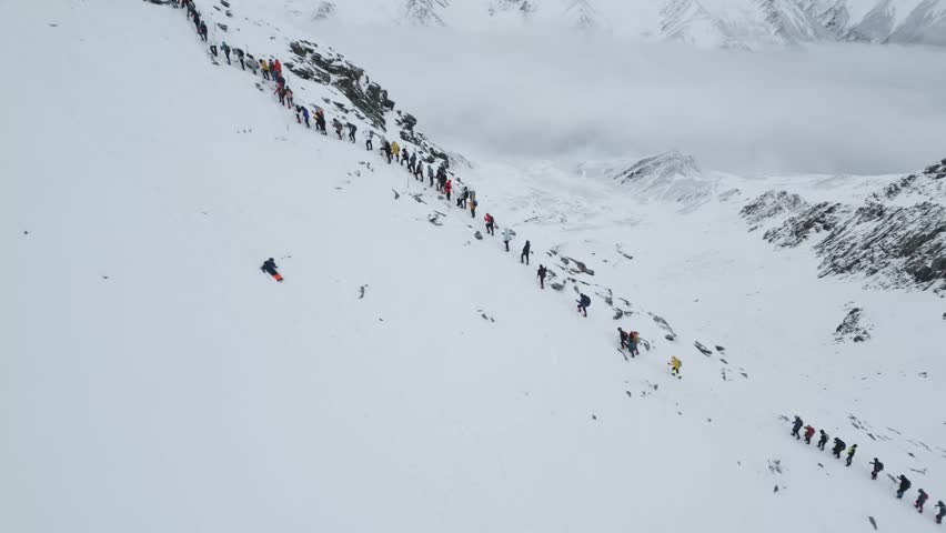 Comic Style Mountain Expedition: Group of Hikers Climbing Snowy Slope in Winter