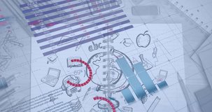 Animation of infographic interface over book with doodles and stationery on table. Digital composite, multiple exposure, report, finance, investment, education, art, school and learning concept. - Powered by Shutterstock - Get 15% off with code: PIKWIZARD15