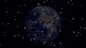 Animation of network of profile icons and shining stars against globe against black background. Global networking and business technology concept - Powered by Shutterstock - Get 15% off with code: PIKWIZARD15