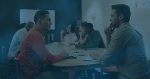 Animation of flowchart of icons over diverse coworkers discussing reports in office. Digital composite, multiple exposure, communication, teamwork, planning and technology concept. - Powered by Shutterstock - Get 15% off with code: PIKWIZARD15