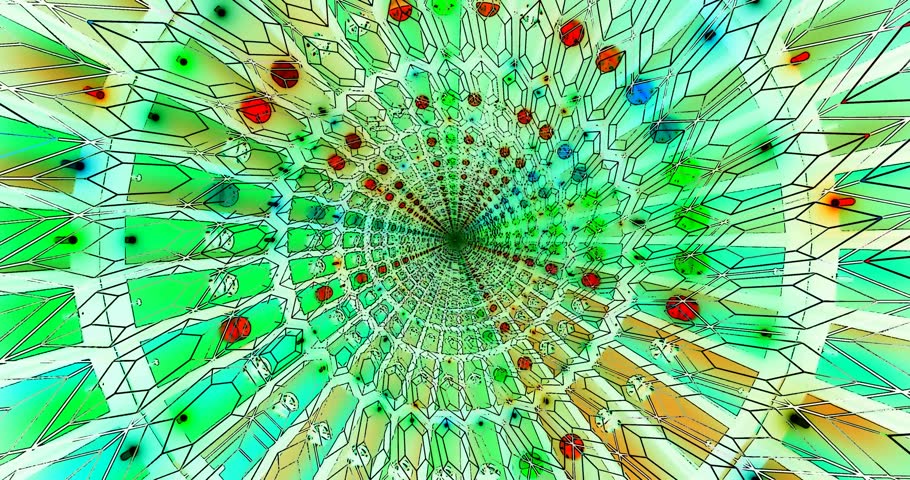 A neon tunnel with spiraling patterns and colorful shapes moving in a continuous loop. It offers a vibrant visual effect ideal for backgrounds and screensavers.