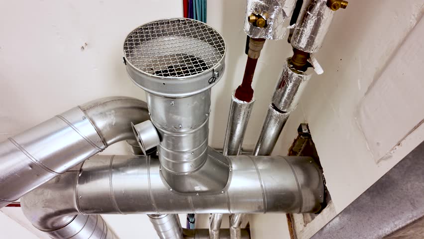 Industrial ventilation system with metal pipes and ducting visible on a white ceiling