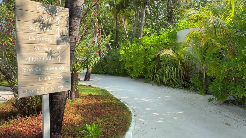Maldives Luxury Resort Walkway with Palm Trees and Directional Signposts