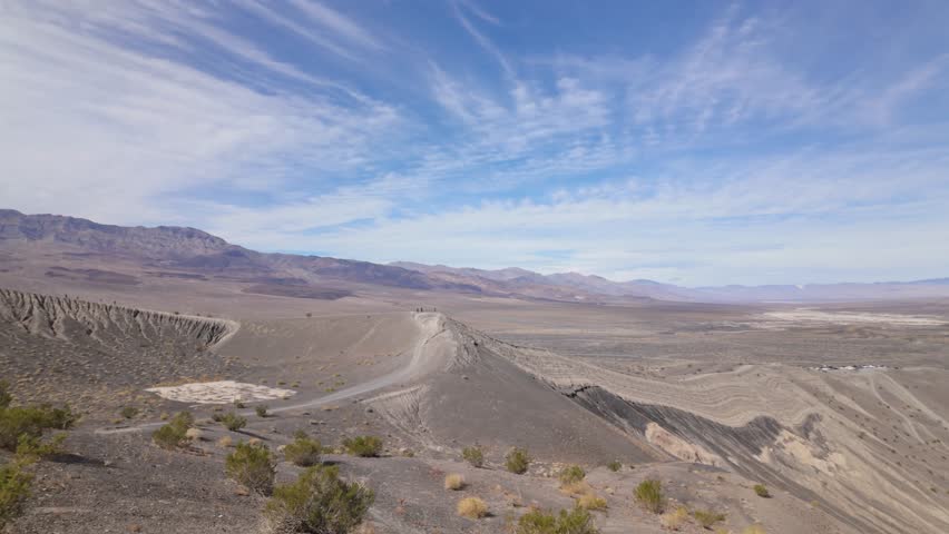 Gimbal super wide panning shot of the volcanic Ubehebe Crater in Death Valley, California. 4K