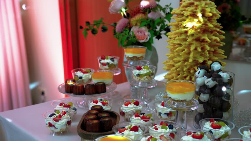 A beautifully arranged dessert table with various sweets, pastries, and floral decor under warm lighting, creating an inviting and elegant atmosphere. Perfect for events.