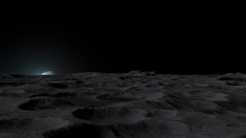 Bright Glowing Earthrise casting light on moon surface illuminating deep impact crators with dark shadows. Ideal for stories about sustainability, NASA