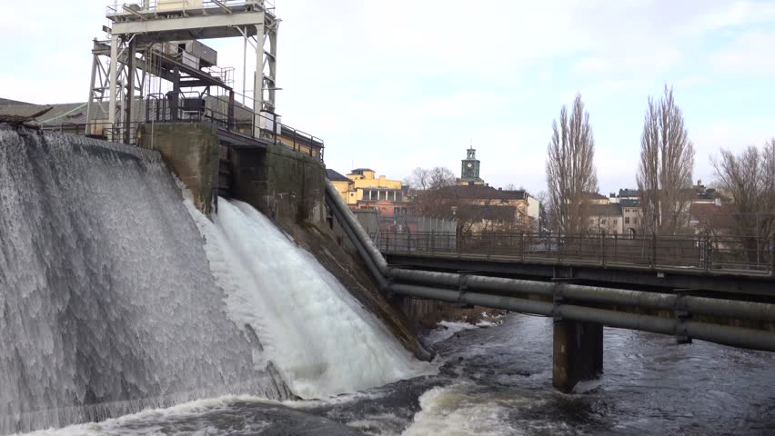 Norrköping, Sweden The large landmark waterfall on the Motala River in the old textile mill town center. 