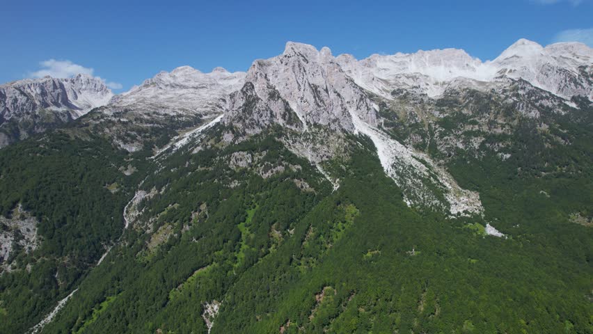 Alps Majestic Mountains in Summer, Verdant Green Forests, and Rocky Outcrops Create a Harmonious Composition of Natural Beauty in Albania