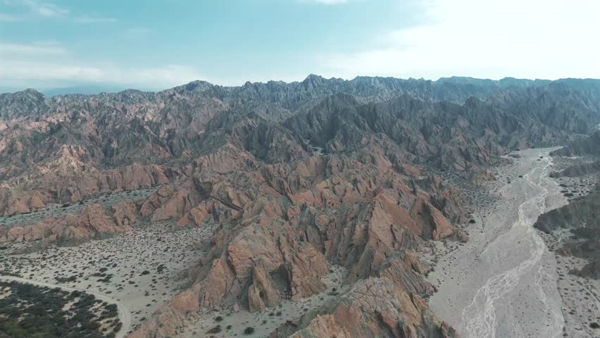 Tracking aerial view from the Quebrada de Las Flechas mountain ridge, Salta, Argentina, South America.