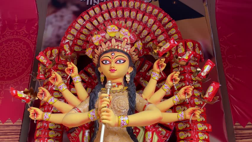 Close shot of devi durga clay idol inside pandal. Beautifully decorated maa Durga for the fetival in Kolkata.