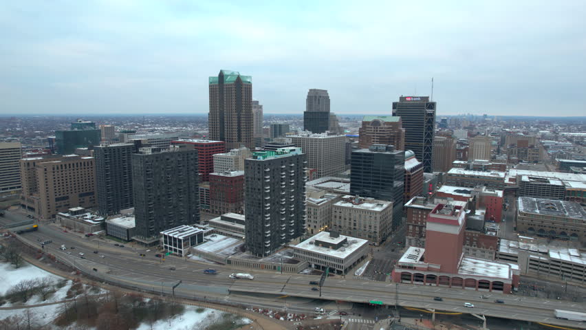 Aerial approach towards downtown St. Louis, Missouri during morning rush hour.