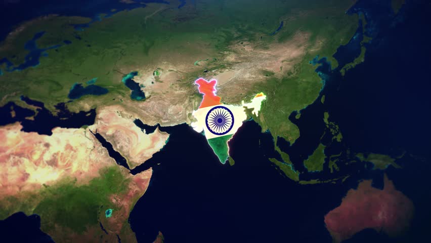 ashoka chakra independence day india flag glowing in world map celebration tricolor fireworks Indian colors drawing area boundaries 3D 4K Satellite map of India or Bharat or Hindustan with Flag and