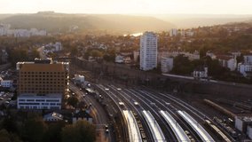 Train Station and Highspeed commuter rail tracks during gold hour drone HD 30p - Powered by Shutterstock - Get 15% off with code: PIKWIZARD15
