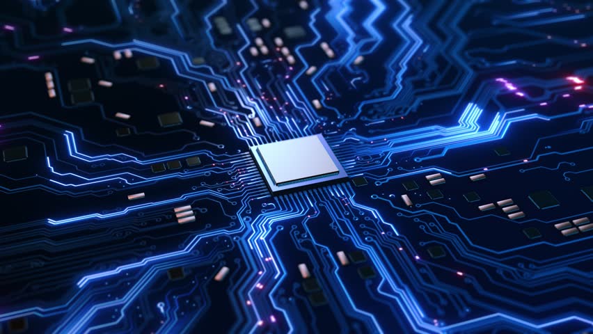 Neon Circuit Microchip Closeup circuit microchip traces suggesting high speed data flow connectivity. tech demos, electronics tutorials, AI visuals, hardware reviews, futuristic computing backgrounds.